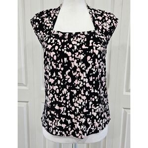 Pink White Polka Dot Black Blouse Square Neck w/ Spots KASPER Size Small